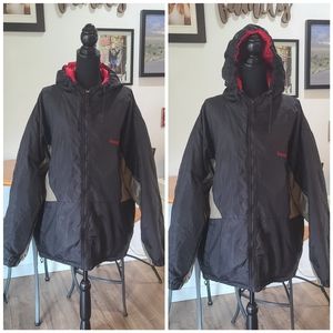 Worn Once! TIMBERLAND- Mens Black w/Olive & red accents Windbreaker Coat, Size L